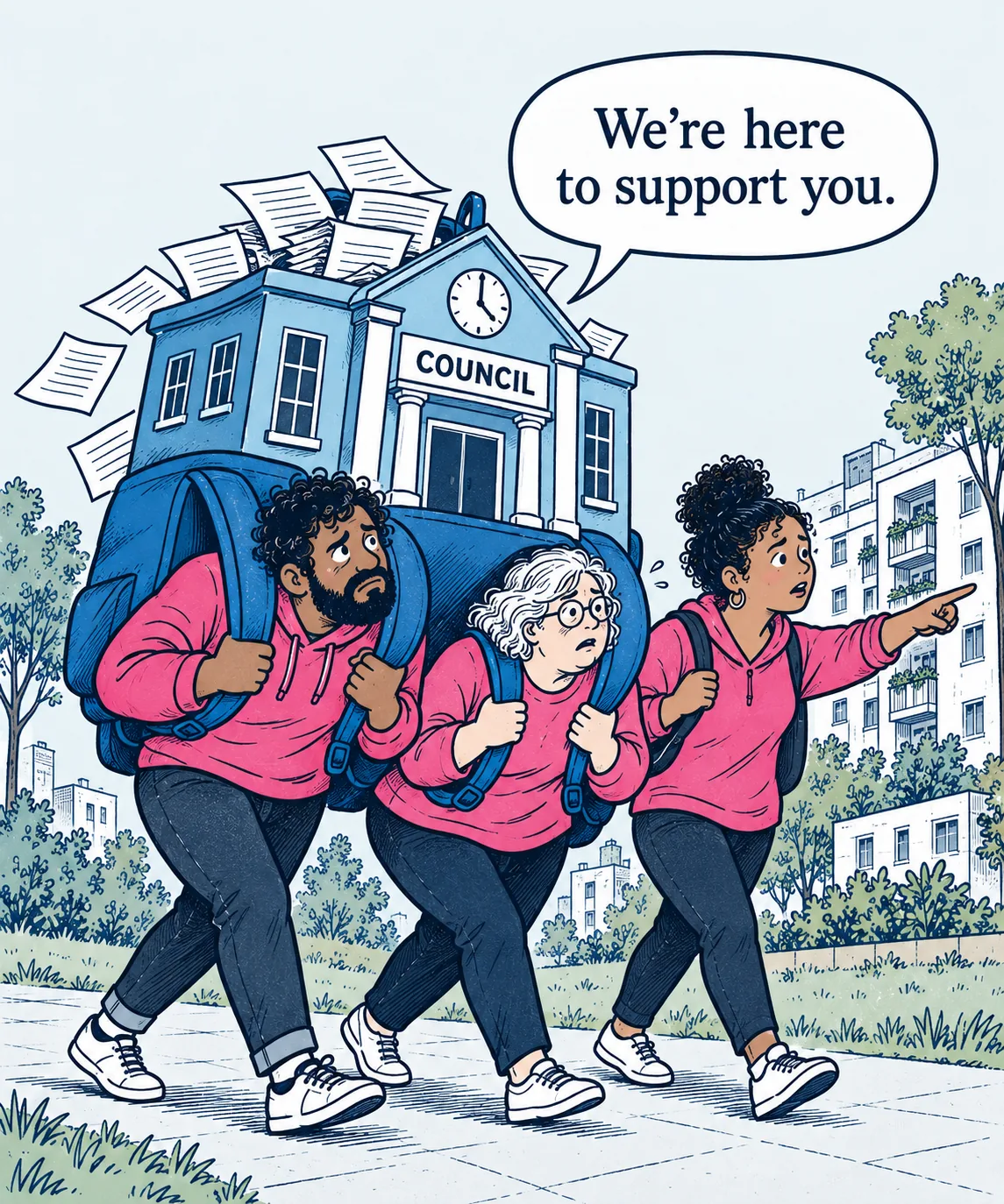 Satirical cartoon: three residents carry a council building as a shared backpack while the building says, We’re here to support you.
